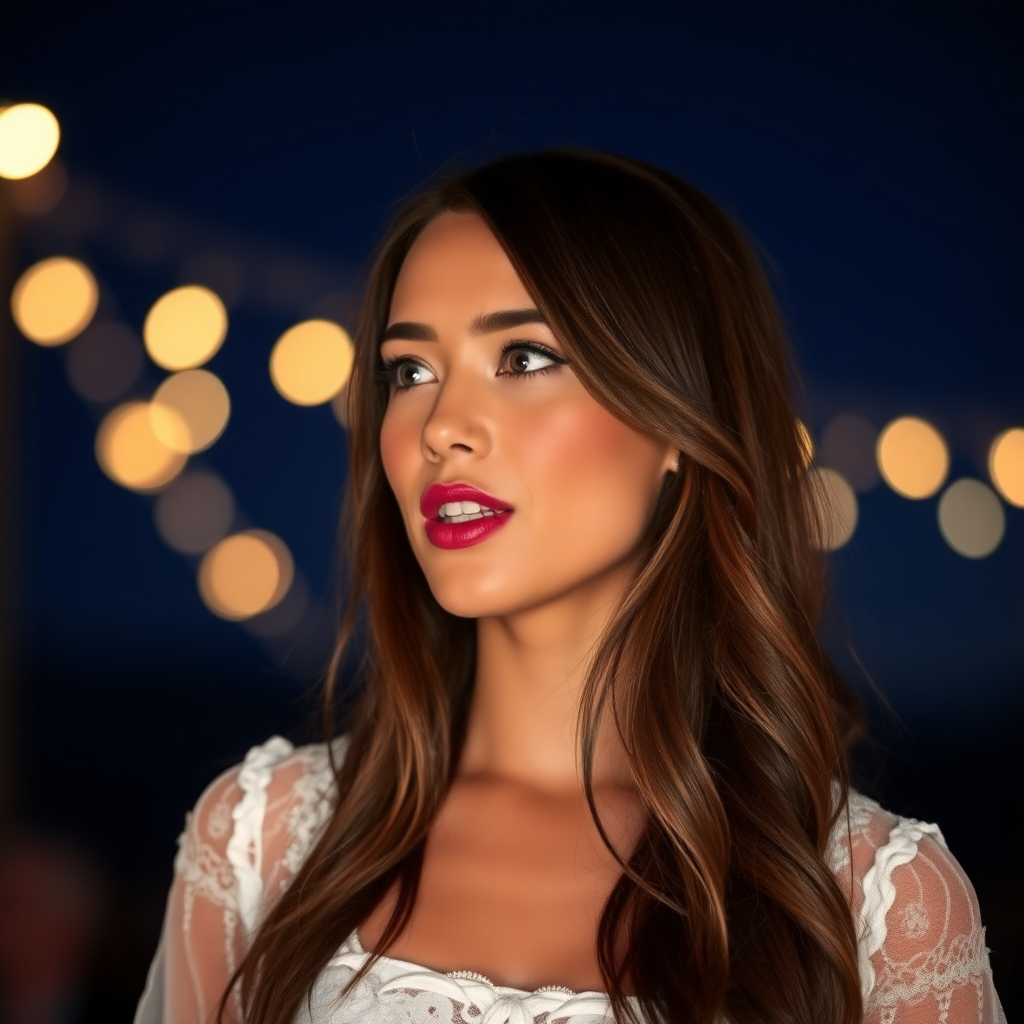 a young woman singing. she is looking like lucy thomas. long brunette hair with highlights, narrow pale blue eyes. suntanned skin. small lips with pale dark red lipstick. looking to the side. wearing a white dress with transparent lace. view from far. night sky in background. photo