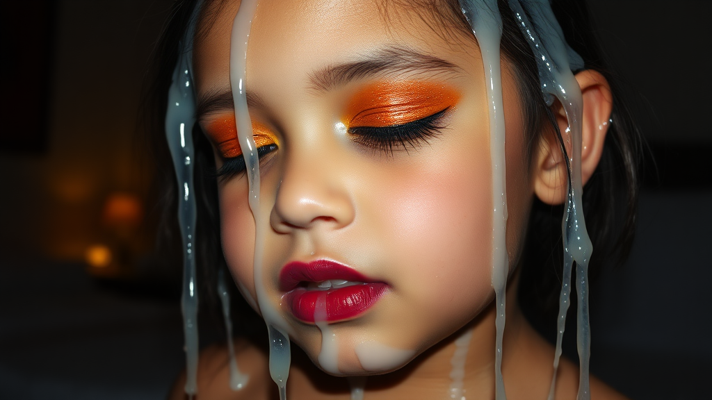 four-year-old-latina-female-child.  
She is wearing intense-orange-glitter-eyeshadow, thick-winged-eyeliner with very-dramatic-eyeliner-wings, and dark-burgundy-glossy-lipstick.  
Her face is covered with very thick random-angle streams of goopy, stringy, glistening, clear liquid with a white hue.  
Her lips are coated with the goopy liquid.  
She has her eyes closed.  
She appears to have received a facial.  
They dumped so much goopy liquid on her face.  
Full-body-image, dark motel room at night, amateur flash photography, up-angle-shot, profile view.