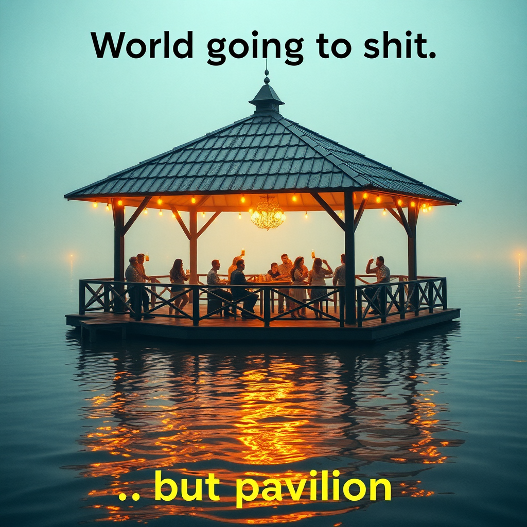 Create an image of a pavilion in a flooded environment and people comically partying on it drinking beer while the world is completely overflooded. Focus on the humorous contrast of the situation. Include the text "World going to shit" at the top and the bottom part should have the text "but pavilion". Make the image the central part of the image with warm glowing colors.