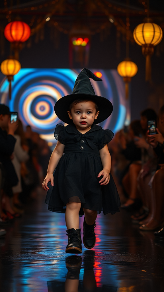 Create an eerie yet captivating scene featuring a small, 7 month old chubby child-like witch with pink lips, pink cheeks, and fair skin walking confidently down a dark runway, surrounded by spectators. The witch wears a black dress, a long black cap, and has a black tattoo on her face. Her face has exaggerated, creepy makeup with thick red lips.

The background features swirling, abstract light patterns in blue, orange, and yellow hues, creating a surreal and unsettling atmosphere. The audience, dimly lit on either side, holds up their phones and cameras to capture the moment, but their faces are mostly obscured in shadow, adding to the mysterious mood. Overhead, several more colorful lights and hanging decorations give a circus-like vibe, but the overall tone is more eerie than playful. The ground is wet, reflecting the lights above, creating a sense of depth and texture, adding to the haunting atmosphere.