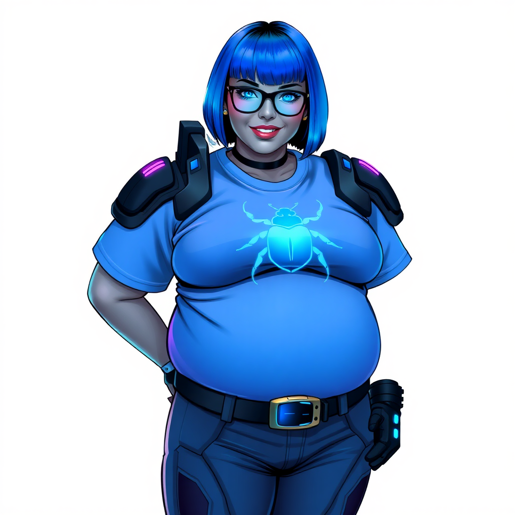 A 28-year-old, full-figured, metallic middle gray skinned computer program hybrid with a vibrant maximum blue bob cut. She has a non-athletic build, highlighted by a prominent, round, large midsection (fully emphasizing her round large belly) while being covered by her large t-shirt, reflecting her new junk food eating habits influenced by her boyfriend. As the full-figured, nerdy, digital sidekick to her cyberpunk vigilante boyfriend, her middle gray metallic skin and maximum blue lipstick underscore her digital essence. She dons a digital, computerized outfit: a large, tight-fitting, high-tech, maximum blue t-shirt with neon blue glowing beetle themed accents complete by a giant neon blue glowing beetle icon on the chest, hi-tech shoulder pads with neon blue accents, a black hi-tech belt with a digital neon blue glowing buckle, digital maximum blue pants with neon blue accents, and black hi-tech gloves with neon blue glowing accents. Her neon blue glowing eyes, black eyeglasses with neon blue glowing lenses equipped with a built-in HUD, and shy smile with neon red blush highlight her nerdiness. She stands bashfully with one hand behind her back and the other gently touching her cheek, her outfit covering all her bare skin and fully emphasizing her full-figured physique (especially her large belly). She is clearly non-athletic, with a heavy focus on her full-figured physique (with full emphasis on her large belly). Despite her build, she radiates beauty. Her slim face contrasts with her physique, accentuating her radiant beauty. She is set against a solid white background. She is drawn as if she were in a retro 2D cyberpunk fighting game.