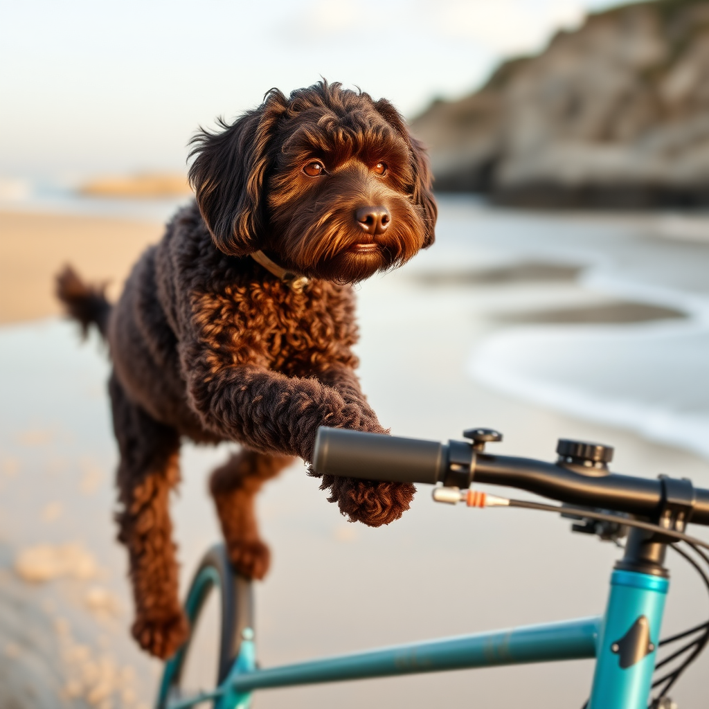 cute gigantic dark chocolate colored cockapoo, playing on the beach, ultra realistic, ultra detailed, 50mm photo, riding a bike