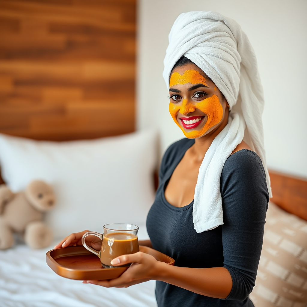 slim, 30 year old, indian wife, towel head, turmeric face mask. She is smiling and serving bedside coffee on a tray.