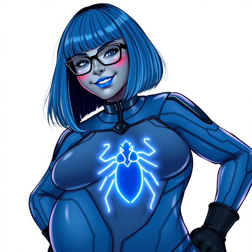 A 28-year-old, full-figured, middle gray metal skinned computer program-human hybrid with a maximum blue bob cut. She is the digital sidekick, computer hacker, and nerdy girlfriend of her cyberpunk vigilante boyfriend. Her middle gray metallic skin, distinct from any other character, highlights her digital nature. She wears maximum blue lipstick and has bright blue eyes. Her outfit includes an oversized digital maximum blue bodysuit with a neon blue glowing chest icon of a beetle and black gloves. Black eyeglasses accentuate her nerdiness, and she has a lovestruck smile with neon red blush. Her non-athletic full figure consists of a prominent, gargantuan, round midsection (with the full emphasis on her gargantuan belly), gigantic limbs, and broad shoulders, reflects the doting care of her vigilante boyfriend. The background is solid white. She is drawn as if she was in a retro 2D cyberpunk fighting game. Ensure her bodysuit covers all her bare skin (especially her round gargantuan belly). Her oversized bodysuit is influenced by DC's superheroine Jennifer Knight Phantom Lady but remains distinct.