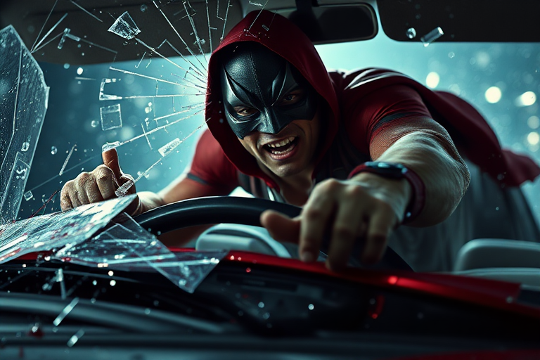 Realistic. Glass breaking as tortured, Masked Superhero propelled forward in car crash over steering wheel and out through windshield of car and out over hood of car. Blood and glass flying. Mask being torn from face by breaking windshield.