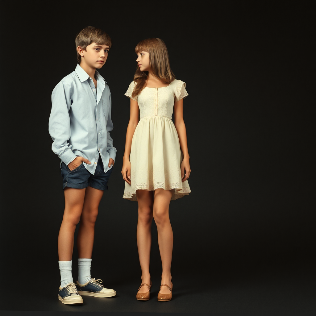 photorealistic, ultra high resolution, 16K, studio lighting, 
Tall teen boy, Caucasian, pageboy haircut, wearing shirt, booty shorts, socks, shoes. Long legs, bare thighs. With teen girl wearing long dress, shoes. Dark grey background. Vintage, 1970s.
Negative: grainy, blurry, bad anatomy, extra limbs, watermark.