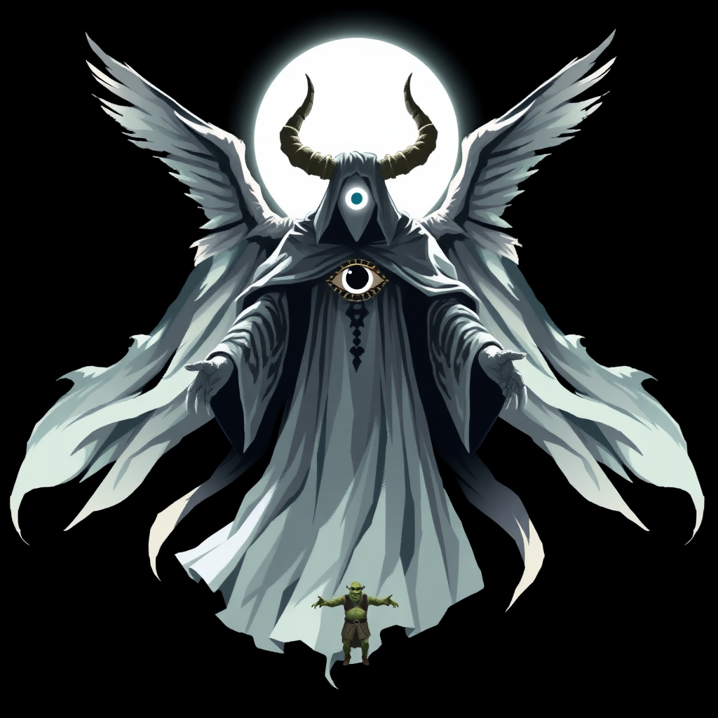 (Anime Pixel-styled art) Black background, a haunting godly-powerful angelic figure known as Yaldabaoth, the Demiurge, hovers ominously in mid-air. His tall, ghost-like form exudes a spectral presence, draped in flowing white-and-black robes that billow with an ethereal energy. His entire face is veiled by a strange and eerie, pure white circular light, from which a single eye symbol glows faintly in its center, casting an unsettling aura. Four large, menacing horns crown his head, giving him an air of divine yet terrifying power. Behind him, four angelic wings, majestic and shadowy, spread wide—simultaneously invoking grace and fear. His outstretched hands seem to beckon with an unknown purpose, completing his full-body, otherworldly presence in the dark expanse, Shrek is there trying to face him.