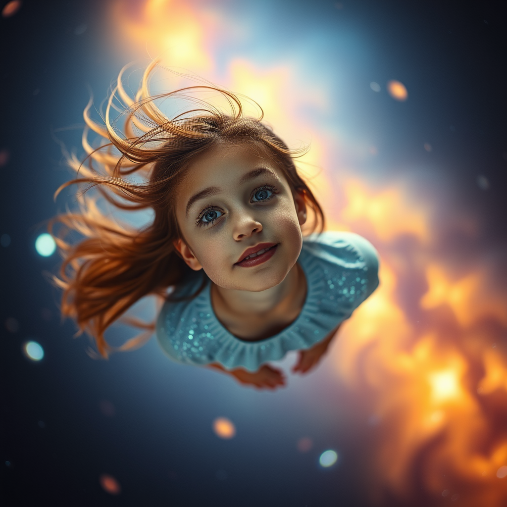 preteen girl floating in space, Low Key Lighting, dreamscape, nebula, Bokeh, abstract, brilliant colors, glittering, translucent, iridescent, natural skin, glowing, artistic photo, panoramic, amazement, airy, original, experimental, interdimensional