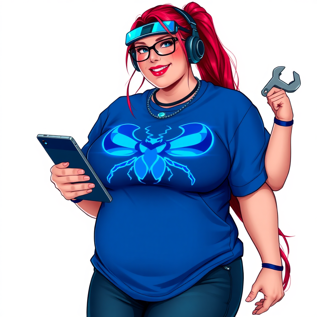 A cyberpunk vigilante’s full-figured intelligent and tech-savvy 29-year-old girlfriend, who is a computer hacker and tech genius. She has a long ruby red ponytail and bright blue eyes. She wears a sapphire beetle gemstone necklace, and an oversized Maximum Blue (RGB 71, 171, 204) t-shirt featuring a giant neon blue glowing icon of a beetle on its chest. She has a full-figured physique with a prominent, gargantuan, round midsection, reflecting her well-cared-for lifestyle. The midsection is heavily emphasized. She sports a sapphire headset with hi-tech Maximum Blue (RGB 71, 171, 204) lensed HUD visor, Maximum Blue (RGB 71, 171, 204) lipstick, black eyeglasses, and a beaming smile with a passionate bright red blush. Despite her figure and a lack of self-esteem, she radiates an air of beauty. She has an angular face which contributes to her radiant beauty. She serves as his tech expert from his hideout, holding a holographic tablet and a hi-tech tool wrench. The background is solid white. She is drawn as if she was in a retro 2D cyberpunk fighting game. Make sure her shirt covers her round midsection.