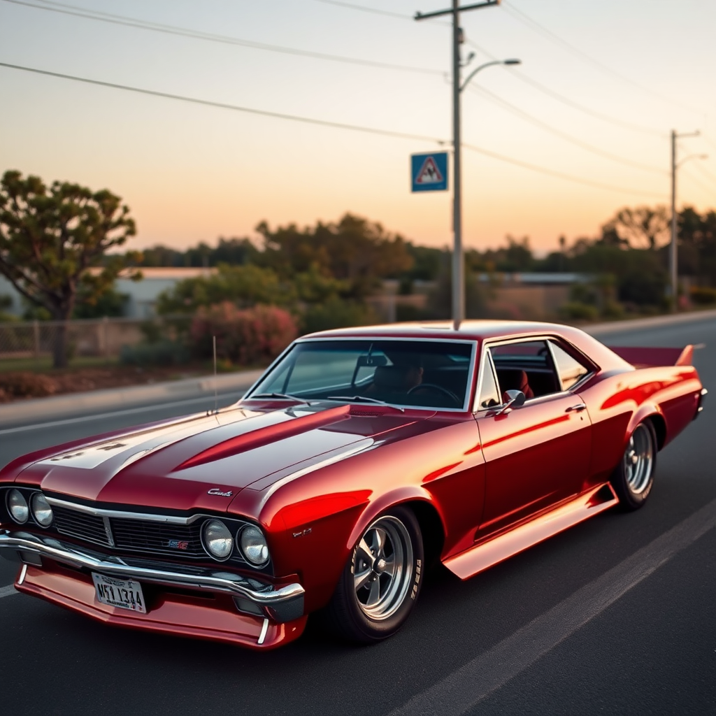 The drag car is parked on the side of the road, inspired by Taiyō Matsumoto, tumblr, restomod, nd4, c4 metallic shine candy red classic american low rider custom ford