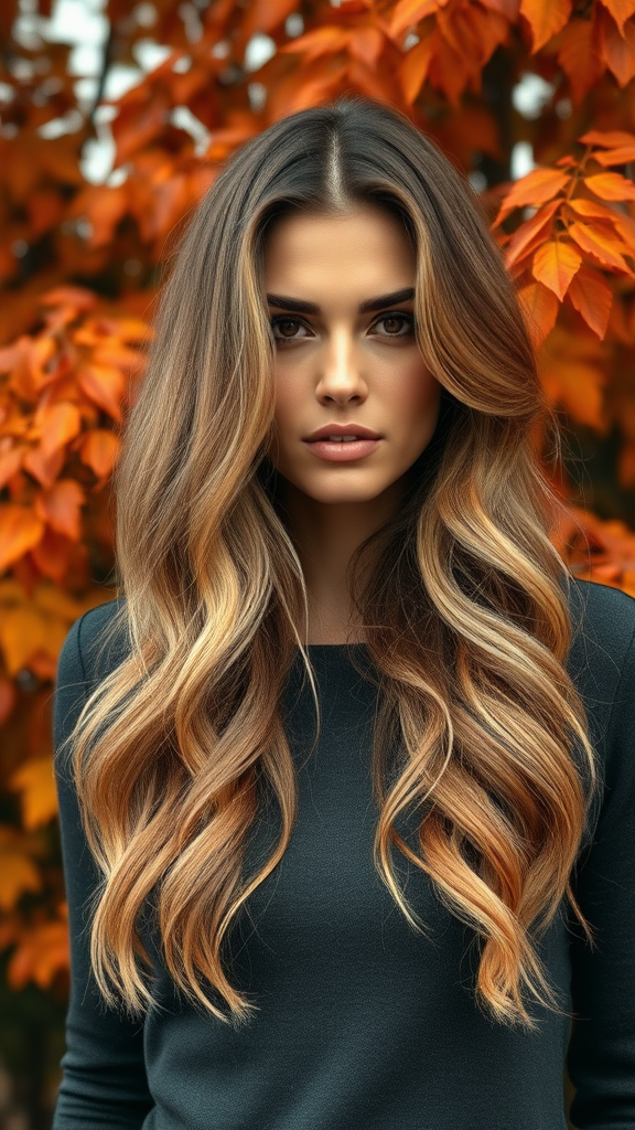 Alessandra Ambrosio with wavy blonde hair with orange highlights, against the backdrop of autumn chestnut foliage, in high definition.