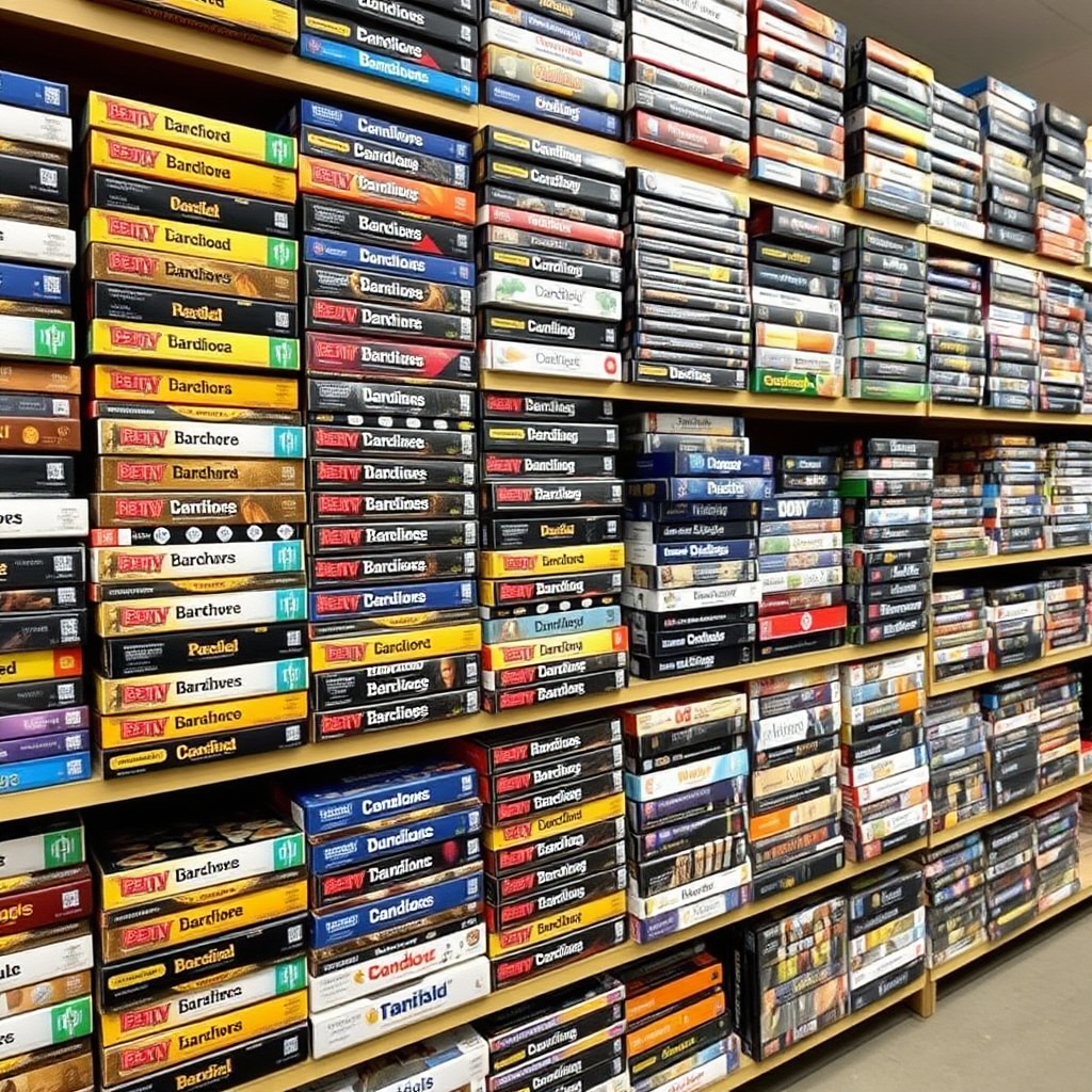 Shot of multiple shelves stacked with board game boxes vertically and horizontally, at least 300 boxes, taken at a distance