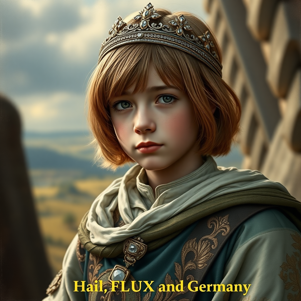 16yo teen boy prince, long bob cut, embroidered with gold and diamonds medieval cloths, diamond diadem, and Beautiful War. Free style by FLUX photorealistic. The background is in the style of landscape style by Antonio del Polaiolo,Generating the very mini-caption at the bottom : Hail FLUX and Germany!, ultra high resolution, 16K,