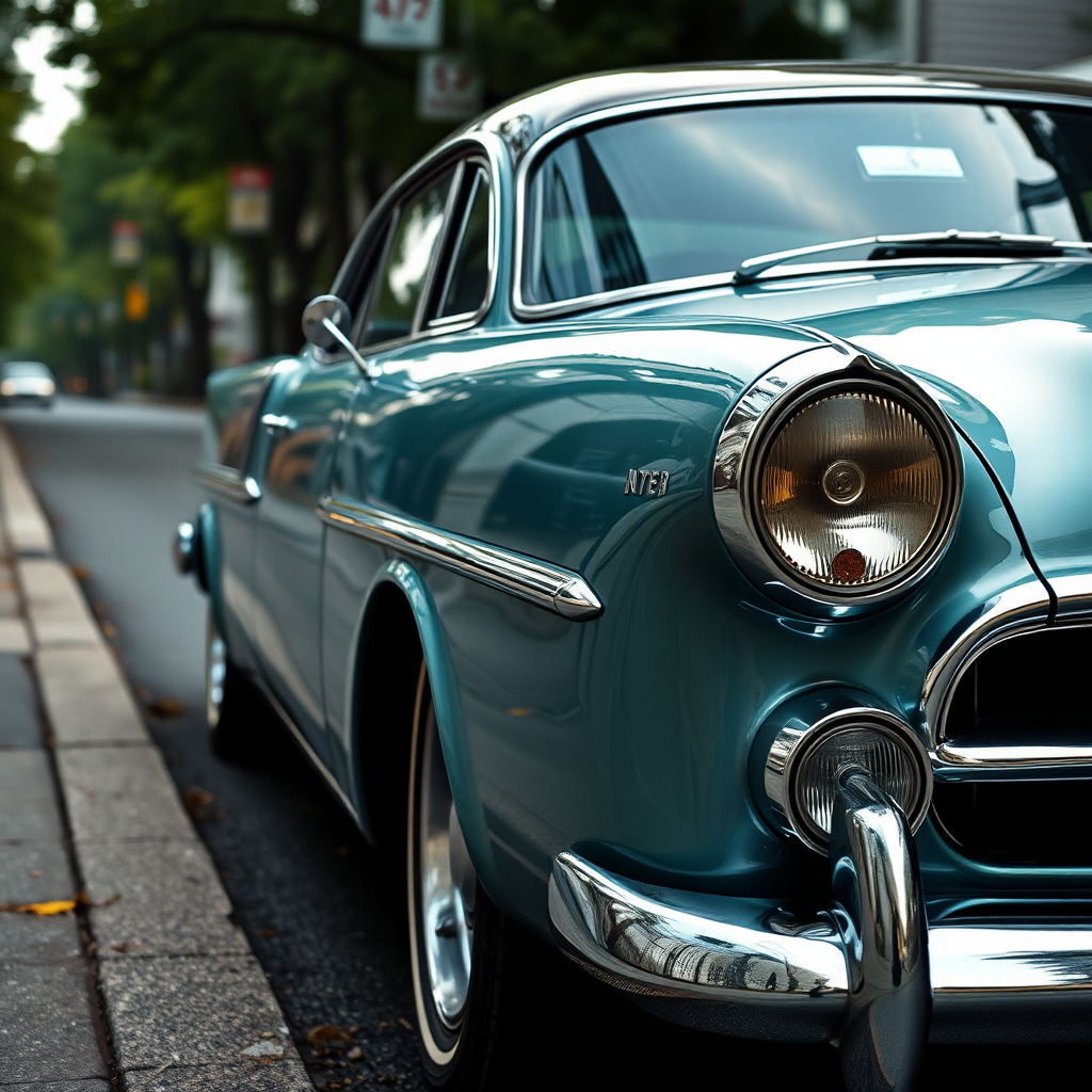 metallic shine classic car is parked on the side of the road, inspired by Taiyō Matsumoto, tumblr, restomod, nd4, c4