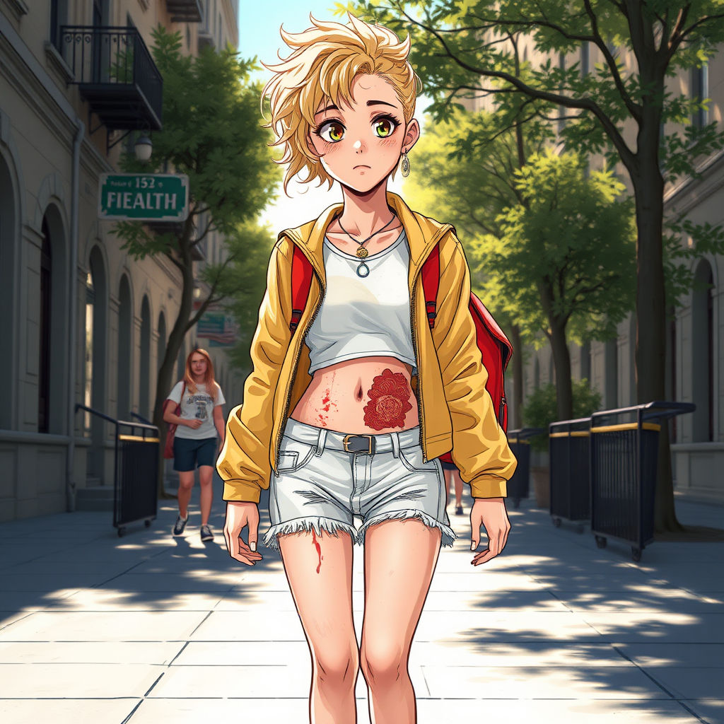 Realistic drawing style image, Extremely good quality 8k resolution drawn manga image of a 15 year old petite and short tomboy girl with golden blonde curly hair with mixed and different colored eyes for each eye and moles on her entire body and is a white American girl, Has on a Gold Jacket over a white extremely short crop top only covering her breasts and nothing more with a design on it, and has on ripped shorts and cool looking sneakers and a deep and big knife cut wound on her stomach from a huge injury she had, with a bright color backpack, ear piercings on, walking on the street to school in the morning with the beautiful sunlight lighting up her body beautifully with no tattoos.