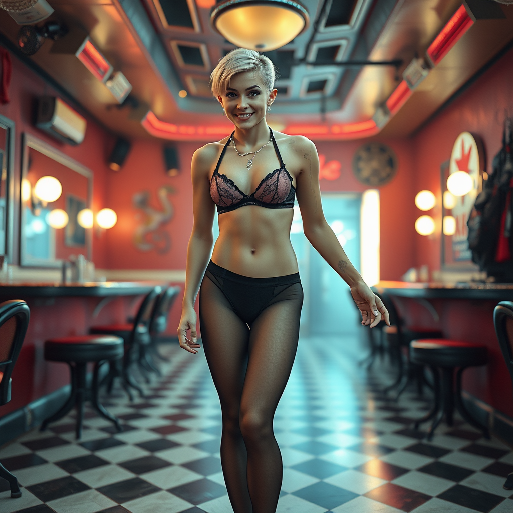 photorealistic, ultra high resolution, 16K, surreal fantasy, soft studio lighting, Swift is a pretty 20 year old male, slim male body, bulging male crotch, short blonde hair, goth makeup, 1950s trainer-bra, sheer black pantyhose, black stiletto shoes, backstage at a 1950s exotic club, excited smile, facing the camera. Negative: grainy, blurry, bad anatomy, extra limbs, watermark.