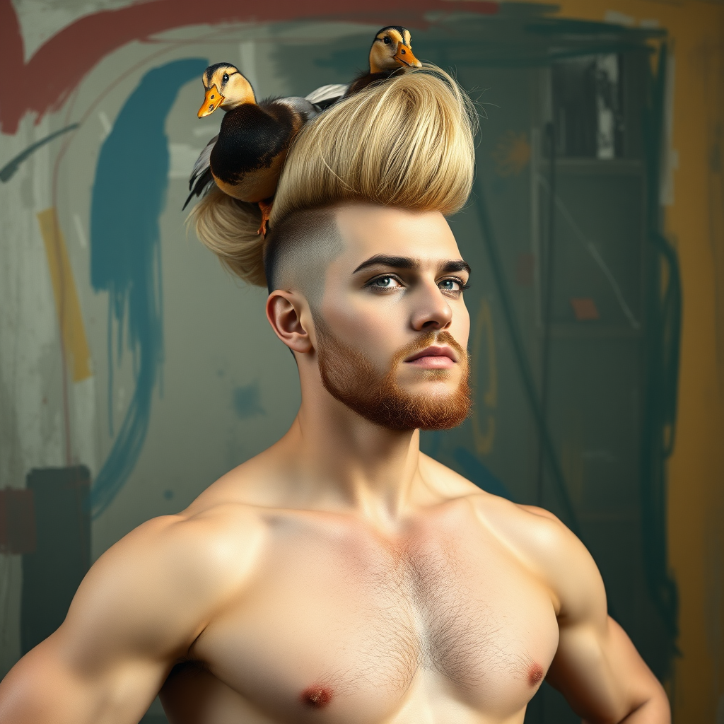 The background is a painting by Wassily Kandinsky. A 4K hyper-realistic photograph in the style of Kandinsky, blending surrealism with kitsch. The subject is a man with an extravagant, Italian blond haircut, styled in a flamboyant bun, paired with a sexy, Masculine look. He sports a neatly groomed, three-day beard — short, evenly distributed, with a light shadow effect across the chin, jawline, and cheeks. His makeup is dramatic, like a drag queen, adding to the boldness of his appearance. He has a muscular, athletic build. He’s naked, standing confidently with his hands on his hips. Above him, smaller ducks rest playfully on his head.