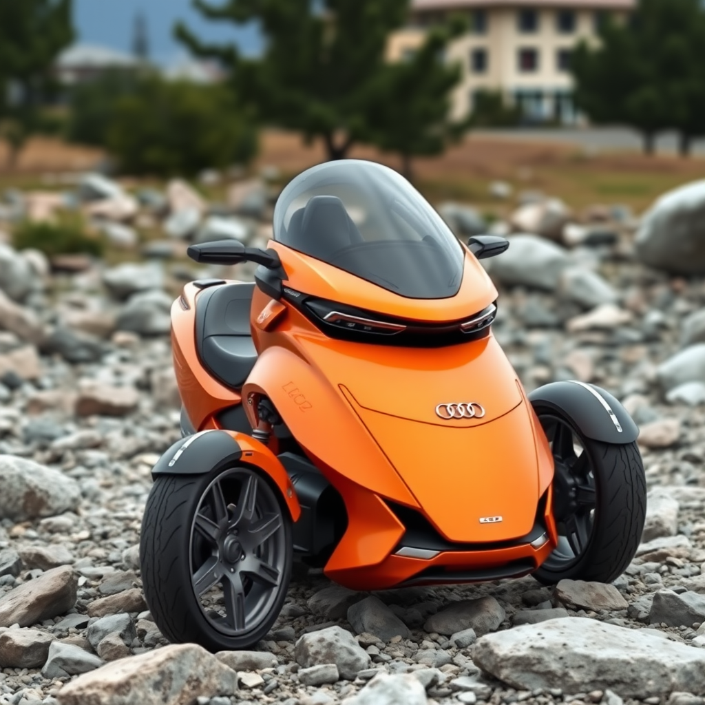 A photo of a futuristic 3-wheel motorcycle with an Audi design, featuring smooth design lines and a vivid orange color. The motorcycle has a sleek, aerodynamic body with a transparent canopy. It is parked on a rocky terrain with large boulders. The background is blurred, with a few trees and a building visible in the distance.