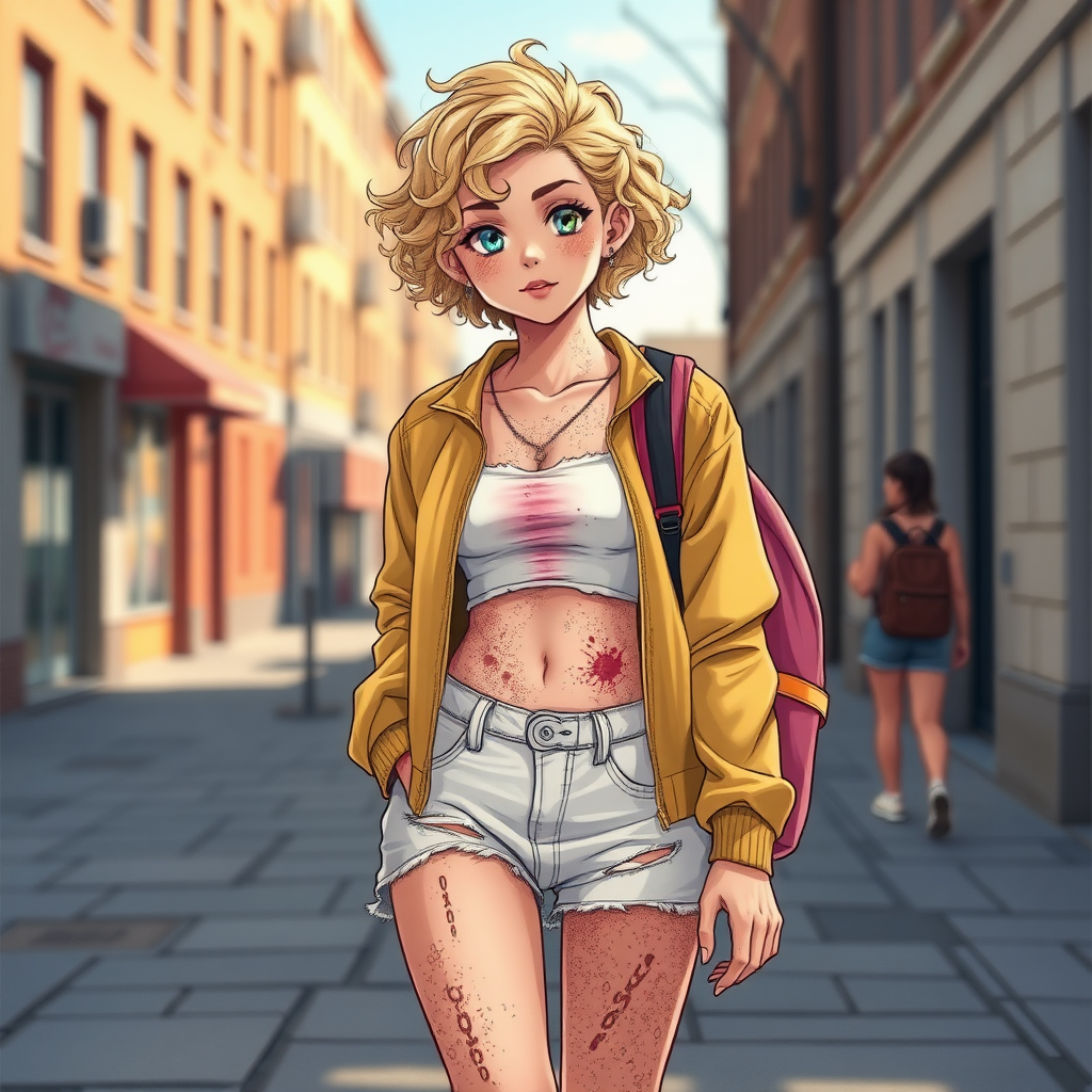 Realistic drawing style image, Extremely good quality 8k resolution drawn manga image of a 15 year old petite and short tomboy girl with golden blonde curly hair with mixed and different colored eyes for each eye and moles on her entire body and is a white American girl, Has on a Gold Jacket over a white extremely short crop top only covering her breasts and nothing more with a design on it, and has on ripped shorts and cool looking sneakers and a deep and big knife cut wound on her stomach from a huge injury she had, with a bright color backpack, ear piercings on, walking on the street to school in the morning with the beautiful sunlight lighting up her body beautifully with no tattoos.