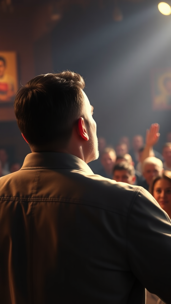 a man influencing an audience with a spirited speech, back to the camera, white lighting illuminating the side of his face, dynamic and engaging atmosphere, realistic setting, emotional expression, cinematic lighting, high detail, masterpiece digital painting