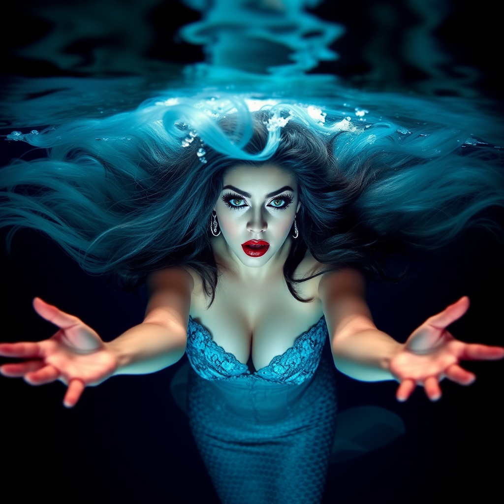 Elvira Mistress of the Dark as a mermaid underwater, hair floating in a nimbus around her beautiful face, her arms outstretched towards the viewer, and she's looking down into the viewer's eyes, making intense eye contact. Diaphanous. Real DSLR HD Photography. Burlesque.