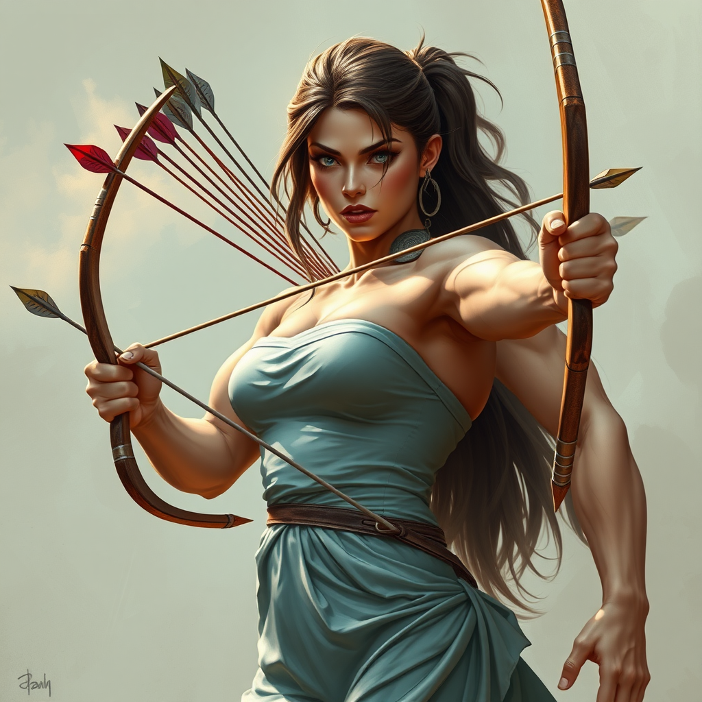 huge massive strong muscular bodybuilder girl, strapless dress, archer throwing arrows