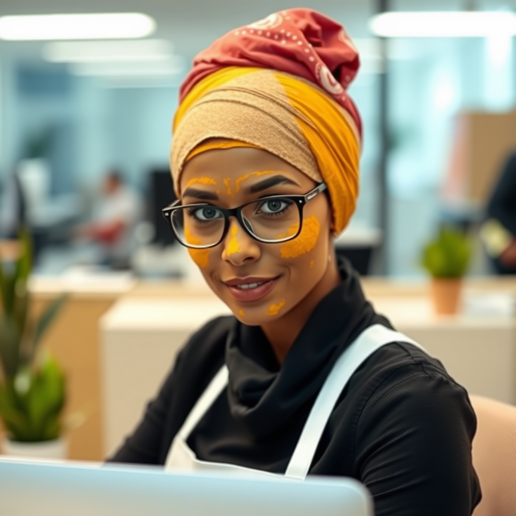 slim, modern, french maid, scarf head, turmeric paste on face, working in office