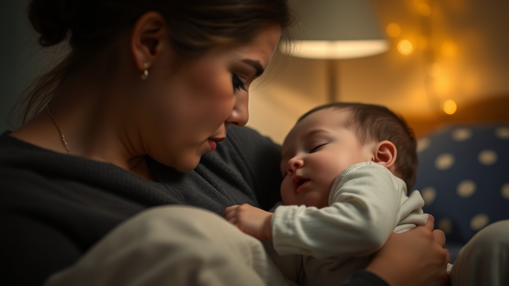 A mother trying to put a little baby to sleep in a nighttime setting.