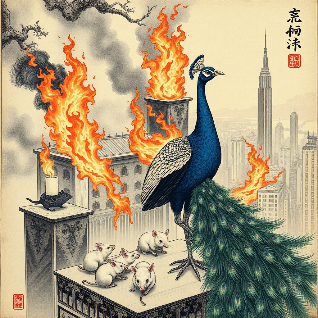 A peacock saving rats from a burning skyscraper, Chinese woodcut, Catholic