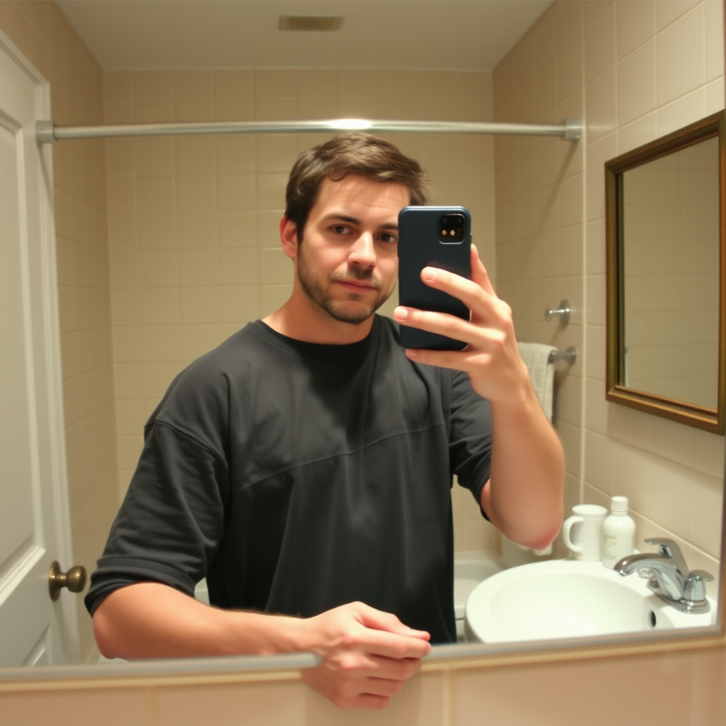 An iPhone selfie of a man in his old early 2000s bathroom