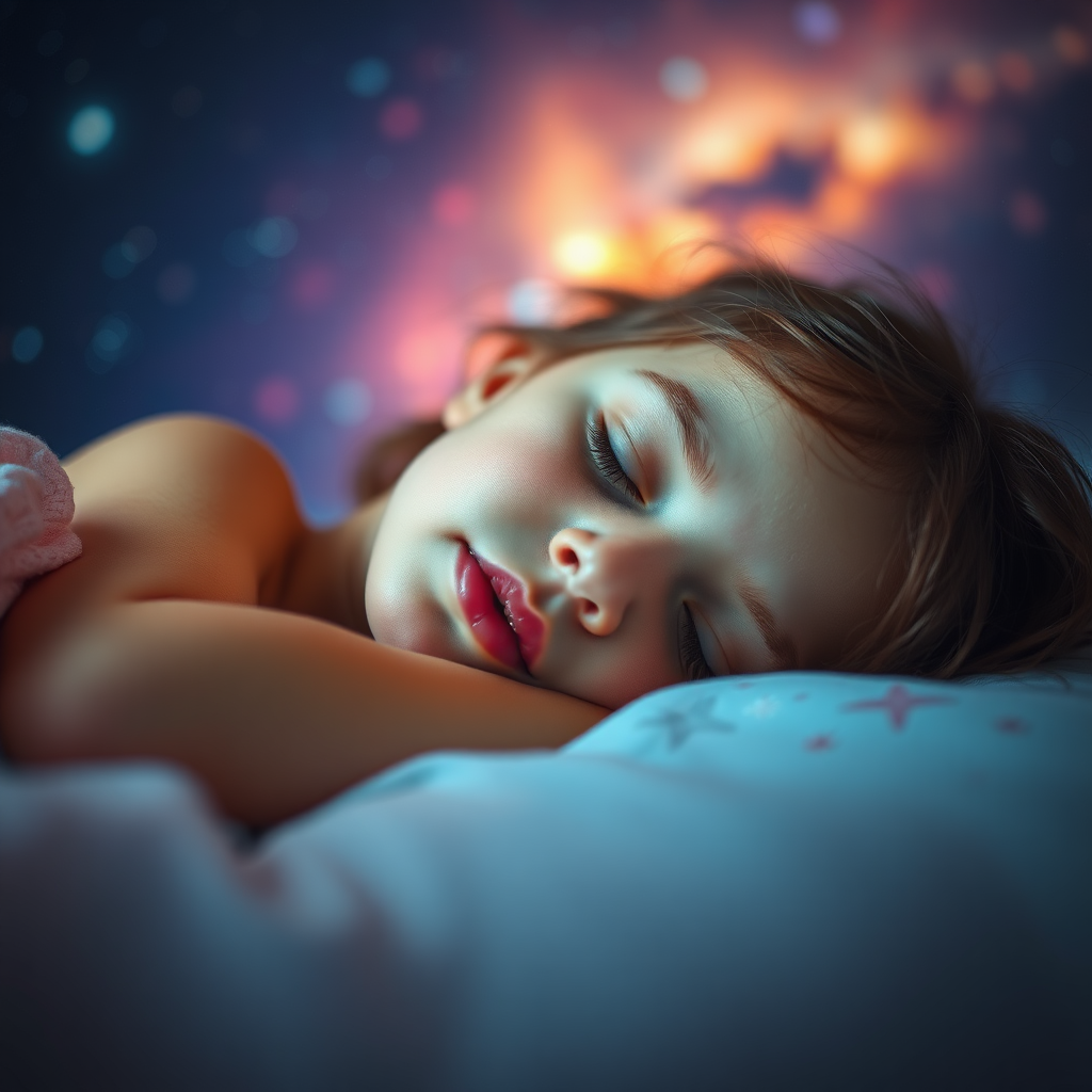 preteen girl sleeping, floating in space, Low Key Lighting, dreamscape, nebula, Bokeh, abstract, brilliant colors, glittering, translucent, iridescent, natural skin, glowing, artistic photo, wide angle, cute, interesting, microscopy, airy, original, experimental, refraction