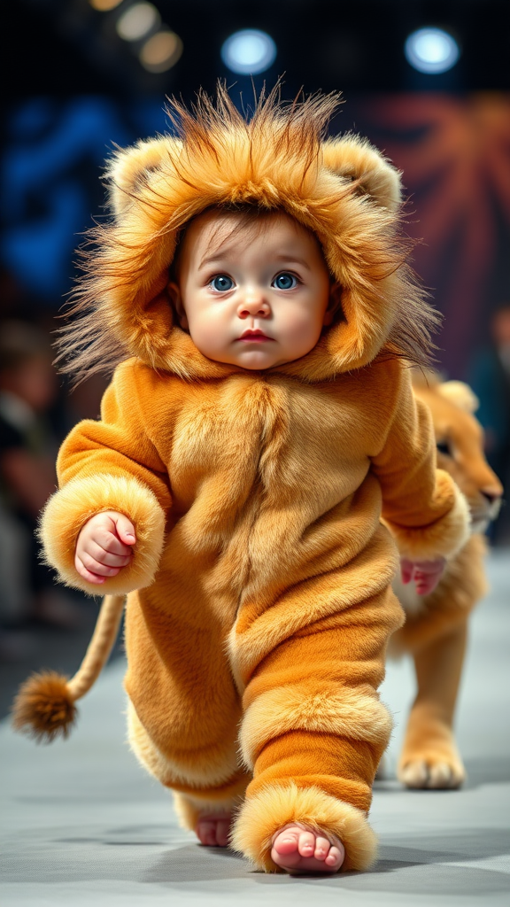 A cute small chubby fair baby with big eyes, pink lips, and pink cheeks wearing a furry cozy lion costume is doing a ramp walk in a fashion show, walking with a real lion, holding the lion with one hand, cinematic.