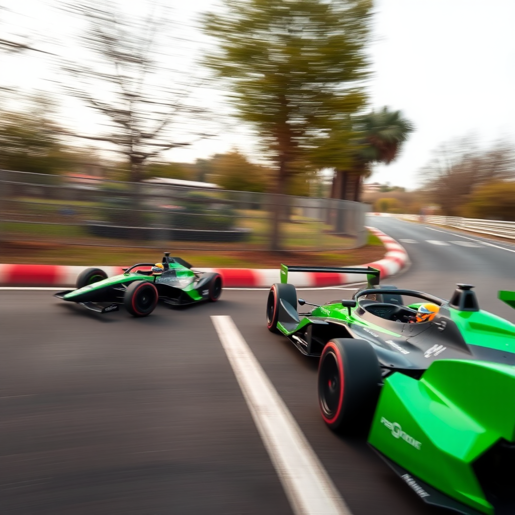 Two Formula E cars whizzing along at high speed. The cars are green and black.