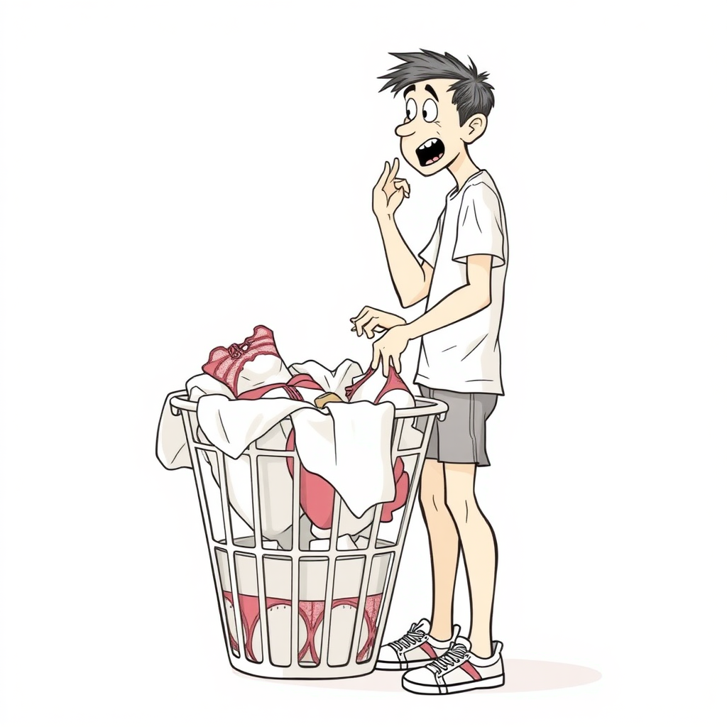 nervous short 20 year old european skinny man, short white t-shirt, standing, stunned, mesmerized, joyful, aroused, heavy drooling, heavy sweating, fumbling through a small dirty laundry basket full only of sexy woman heavily stained worn lingerie, detailed fabric, side view, sneakers, detailed feet, 2D, caricature, cartoon, Sketch lines, coloring book, coloring book