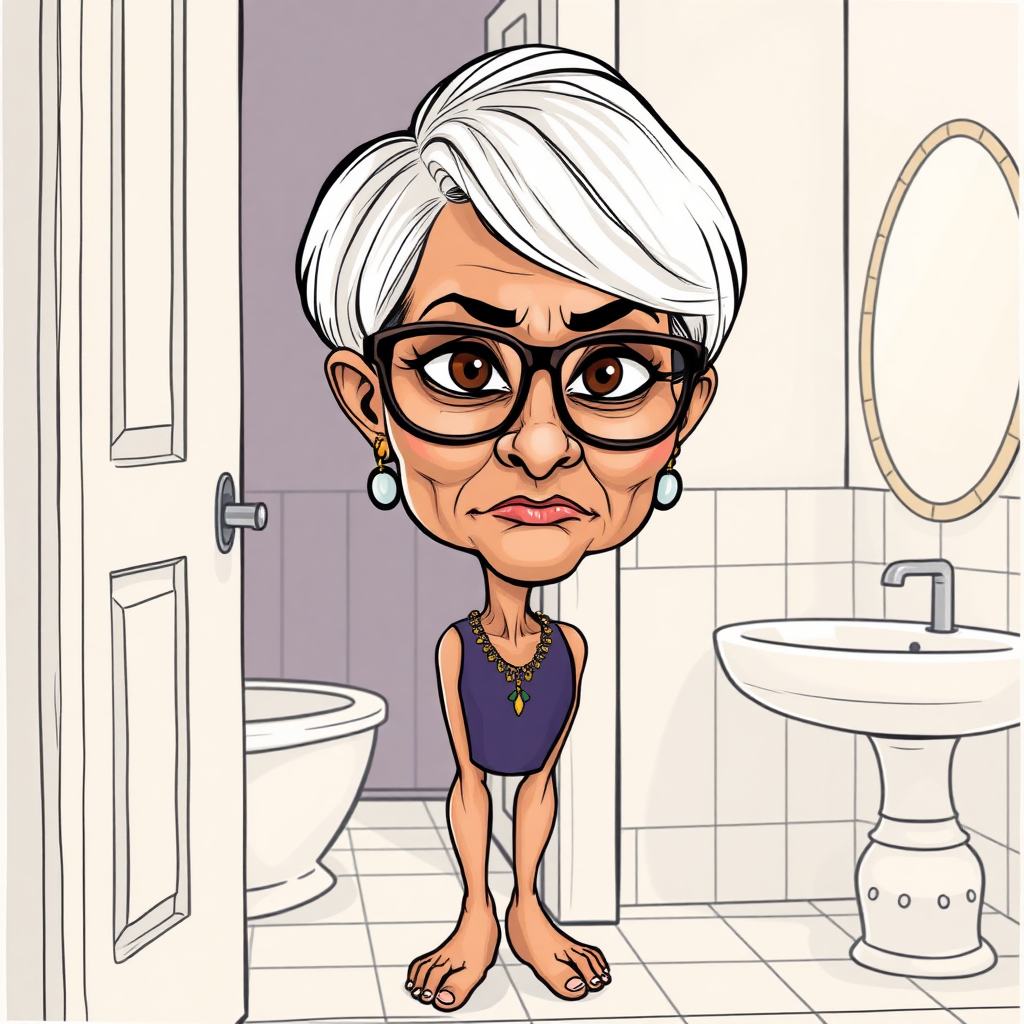 55 Years old, European, Latina, sharp aquiline nose, wrinkles, high cheekbones, Middle Eastern, Skinny, Tanned skin, Dark light skin, Rounded Medium breasts, Skinny thighs, round ass, full Makeup, jewelry, Serious face, Sharp nose, blushing, Ash hair, short bowl haircut, Brown eye color, Glasses, with detailed features. she is opening a door, long establishing shot, 2D, caricature, cartoon, Sketch lines, coloring book, coloring bathroom, well composed, clean coloring book page, No dither, no gradient, strong outline, No fill, No solids, vector illustration, realistic proportions, detailed feet