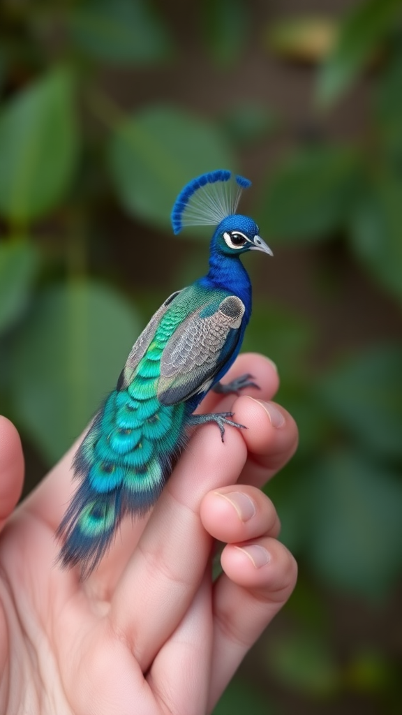 A small tiny cute big eyes big tail blue peacock on hand