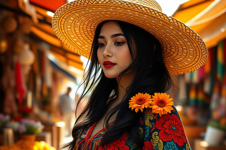 In a sunlit Mexican marketplace, a young woman stands gracefully, her vibrant attire adorned with intricate patterns that reflect the rich cultural heritage of her homeland. Above her, a wide-brimmed sombrero casts a soft, dappled shadow over her face and shoulders, framing her delicate features while emphasizing the warmth of the day. The scene captures a moment of serene beauty, rendered in a lavish style reminiscent of Gustav Klimt, where golden hues and ornate details swirl around her figure.

The artwork merges the elegant lines of art deco with the fragmented perspectives of cubism, creating a dynamic interplay of shapes and colors that dance across the canvas. The young woman’s dark hair cascades over her shoulders in flowing waves, interwoven with bright marigold flowers that add a pop of sunshine to the scene. Surrounding her, the market bustles with life, as hints of lively music and the distant laughter of children fill the air, each sound layering over the other like brushstrokes in a masterpiece.

Rendered in stunning 8k resolution as concept art, this piece embodies the spirit of splash art and neo-impressionism, with expressive splatters of color that evoke a sense of movement and vitality. The canvas, thick with layers of textured acrylic paint, showcases the artist's skill in smooth post-impressionist impasto techniques, making the colors pulse and vibrate with energy. Overall, the artwork captures not just the image of the woman, but the very essence of a vibrant culture that celebrates life, joy, and artistic expression.