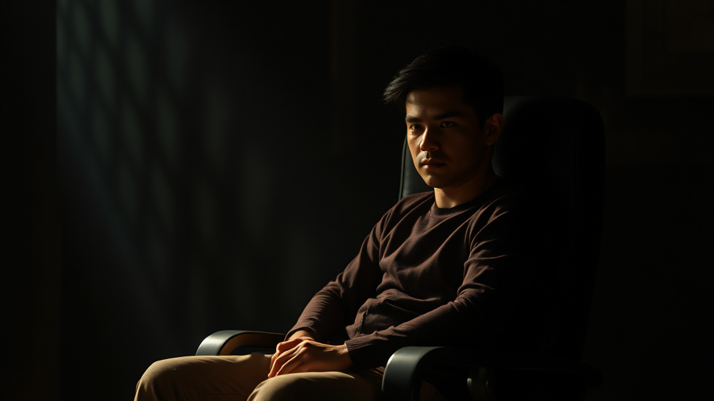 "Miguel sitting in a chair of restraint in a dimly lit room, his face filled with determination as shadows dance around him."