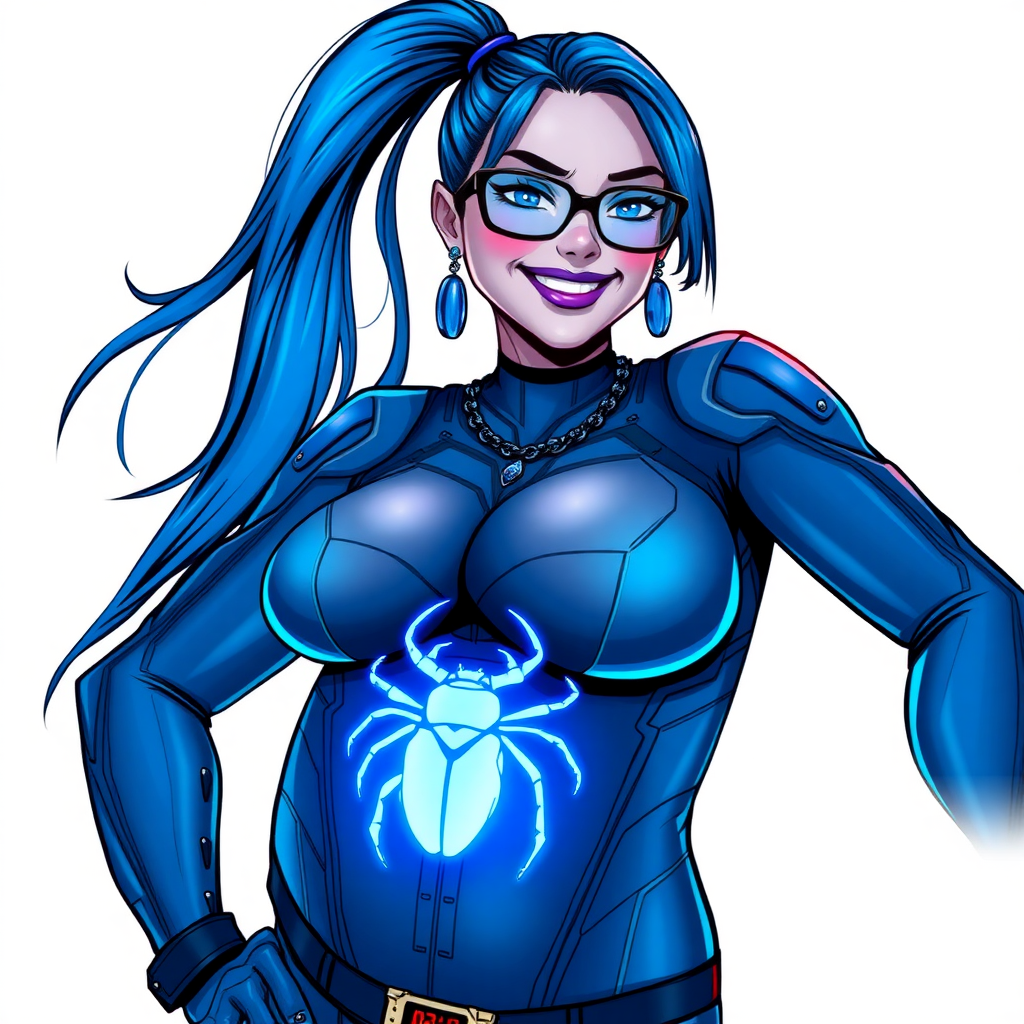 A cyberpunk vigilante’s 28-year-old nerdy full-figure 5PB (Maximum Blue) skinned computer program hybrid digital sidekick and loyal girlfriend. She has a long 5PB (Maximum Blue) ponytail and 5PB (Maximum Blue) metallic skin that blends with her outfit appearing to merge together into computer data. She wears maximum blue lipstick, blue eyes, a sapphire beetle gemstone necklace, sapphire earrings, black eyeglasses, and a digital, computerized, 5PB (Maximum Blue) bodysuit featuring a neon blue glowing icon of a scarab beetle on its chest accentuating her prominent, round, enormous midsection. She sports a beaming smile with a neon red blush. She serves as his minicomputer operating in his hi-tech wristwatch and supercar's onboard computer using her ability to hack into machines and computer to relay vital mission information. The background is solid white. She is drawn as if she was in a retro 2D cyberpunk fighting game. Her midsection is bloated and ballooned to fully emphasize her full-figured physique.