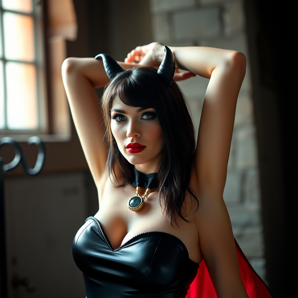 Create a HQ photographic image of Vampirella re-imagined in real-life. She is facing the viewer and is captured by a high quality SLR Camera. Her arms are raised high over her head.