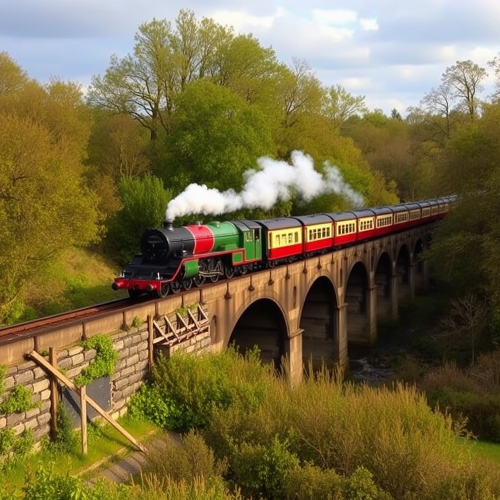 mallard at full steam crossing a viaduct in the english countryside