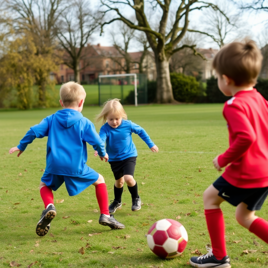 children playing football in a british park