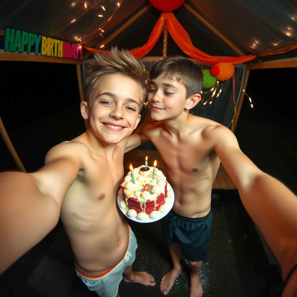 rainbow birthday party!, aerial selfie, selfie stick, night vision, friendly barefoot tween boy shirtless with adorable hair and freckles kissing his brother, they are sticky with smashed birthday cake and icing like runny white mucous, shirtless and in tiny little fitted trunks, alone celebrating in a dark rainy picnic shelter at midnight, winking at the camera, rainbow decorations