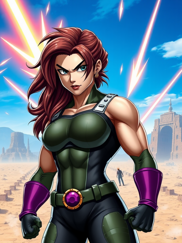 Generate a hyper-realistic image of the Marvel Comics character Rogue, retaining her original head. Modify her body to have the muscular physique of Vegeta from Dragon Ball, reflecting his anatomy while keeping Rogue's facial features and hair. Place her in a dynamic pose that showcases her powers. The background should merge elements from both the Marvel Universe and Dragon Ball, featuring a vibrant, action-packed setting that complements both characters, such as a deserted cityscape with energy blasts in the sky. Aim for a visually striking and detailed portrayal, capturing the essence of both characters.