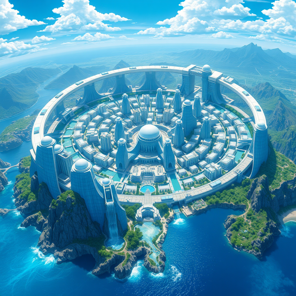 In this 8k resolution anime art, the scene presents an awe-inspiring and cinematic view of Greater Atlantis, a technologically advanced Greek-styled city. The cityscape is grand and expansive, featuring towering, uniquely-shaped structures crafted from blue marble, their intricate designs reflecting a blend of classical elegance and futuristic innovation.

The city is encircled by a massive ringed structure, creating a dramatic and protective barrier that adds a sense of grandeur and scale to the scene. This ringed structure is both functional and ornamental, its design seamlessly integrating with the overall aesthetics of the city.

The surrounding waters are expansive and crystal clear, with white, technologically advanced objects gracefully hovering above the surface, adding a touch of futuristic technology. These floating elements contrast beautifully with the natural landscape, creating a harmonious blend of the organic and the synthetic.

Mountains rise majestically in the background, their peaks adorned with cascading waterfalls that shimmer in the light. The waterfalls tumble down the rocky slopes into the waters below, creating a serene and picturesque setting.

Tropical lands with lush greenery and vibrant flora spread out around the city, enhancing the sense of paradise and luxury. The combination of advanced technology and natural beauty encapsulates the essence of Greater Atlantis, making it a captivating and immersive world.

The entire scene is rendered with high-quality cinematic visuals, capturing the grandeur and magnificence of this extraordinary city in stunning detail.