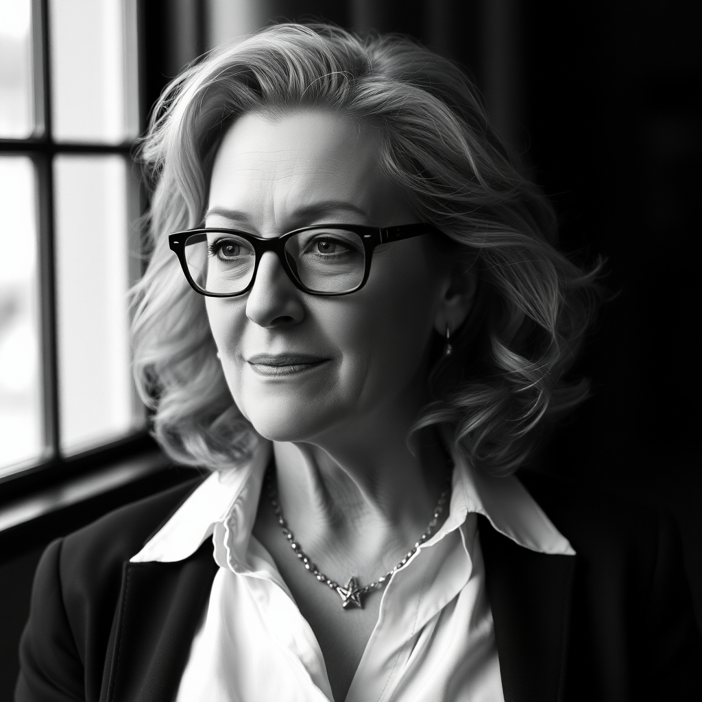 Meryl Streep, in monochrome.