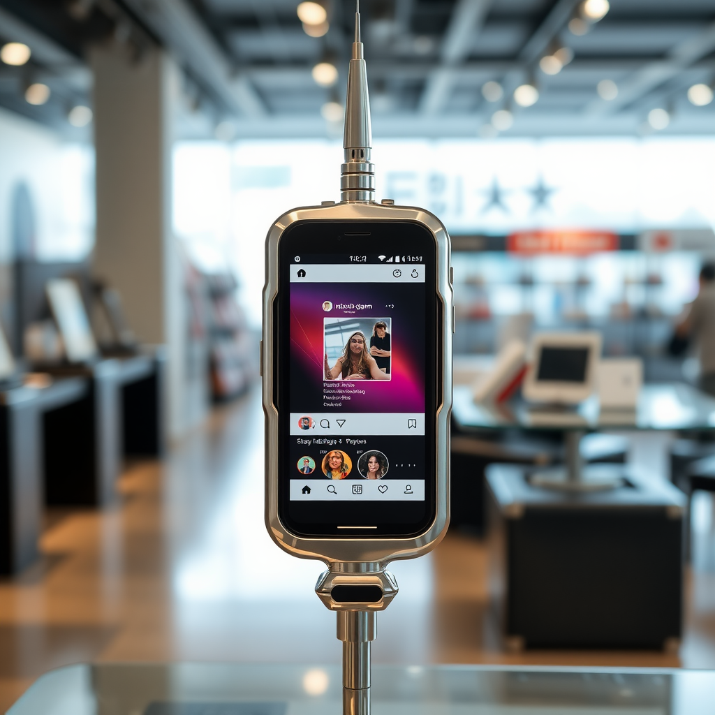 A close-up front view of a mobile phone in the shape inspired by a syringe, metallic futuristic, kept for sale in a showroom, metallic body, touchscreen phone with Instagram page open on the screen, needle on top, white punk.