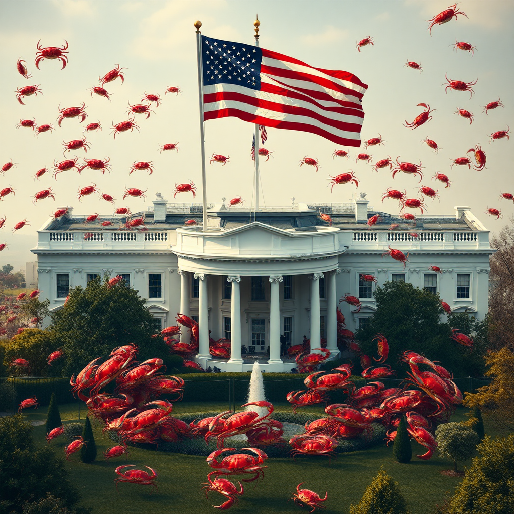 aerial shot of lots of crabs invading the White House, American flag floating on top of the flagpole on top of the White House, secret agents scrambling to stop the invasion, photorealistic