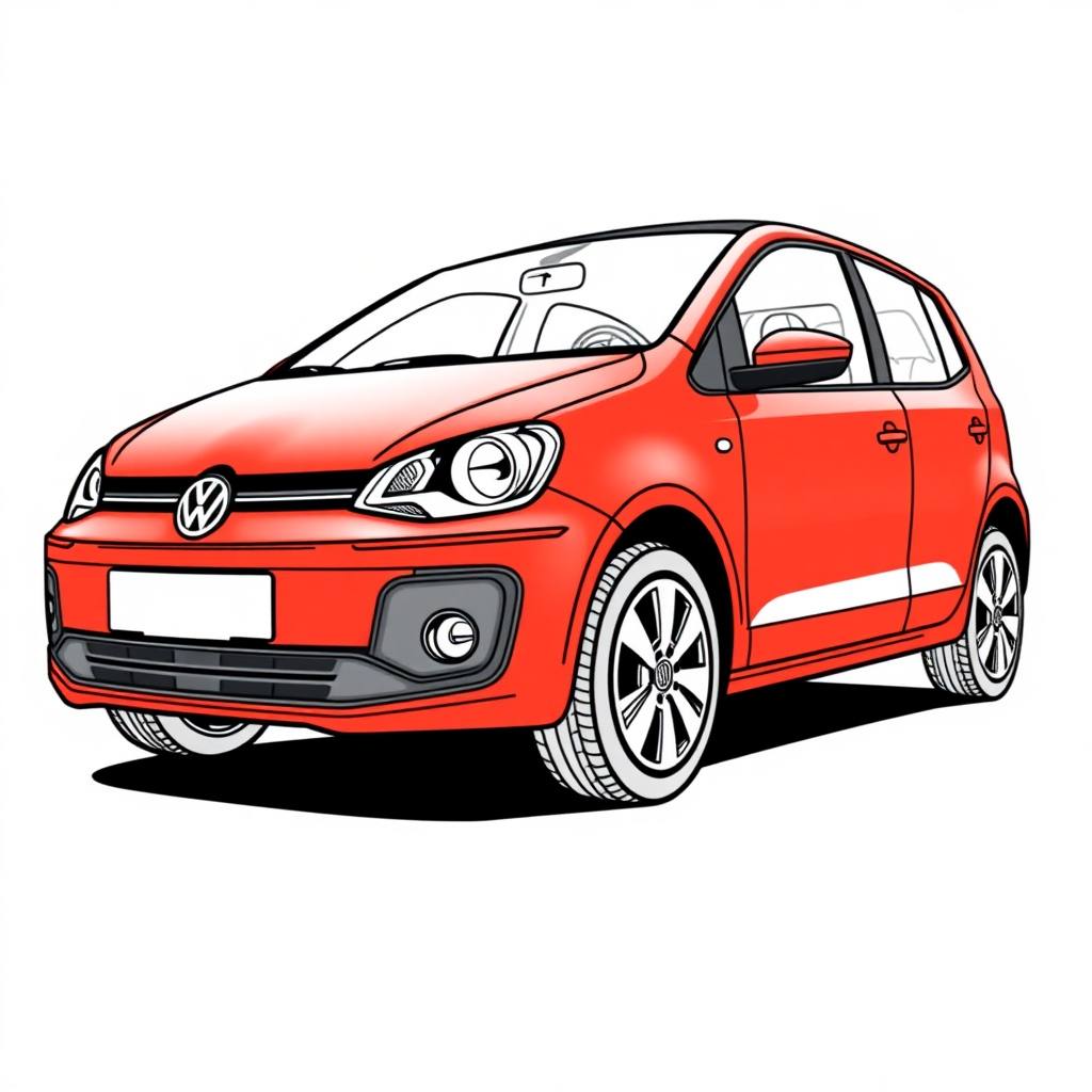 red vw polo III car, long establishing shot, 2D, caricature, cartoon, Sketch lines, coloring book, coloring book style on white background, well composed, clean coloring book page, No dither, no gradient, strong outline, No fill, No solids, vector illustration, realistic proportions, blueprint, left side view