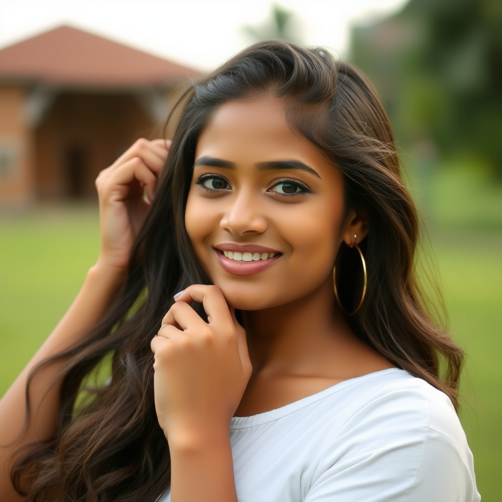 An attractive Sinhalese woman in her 20s styling her long hair